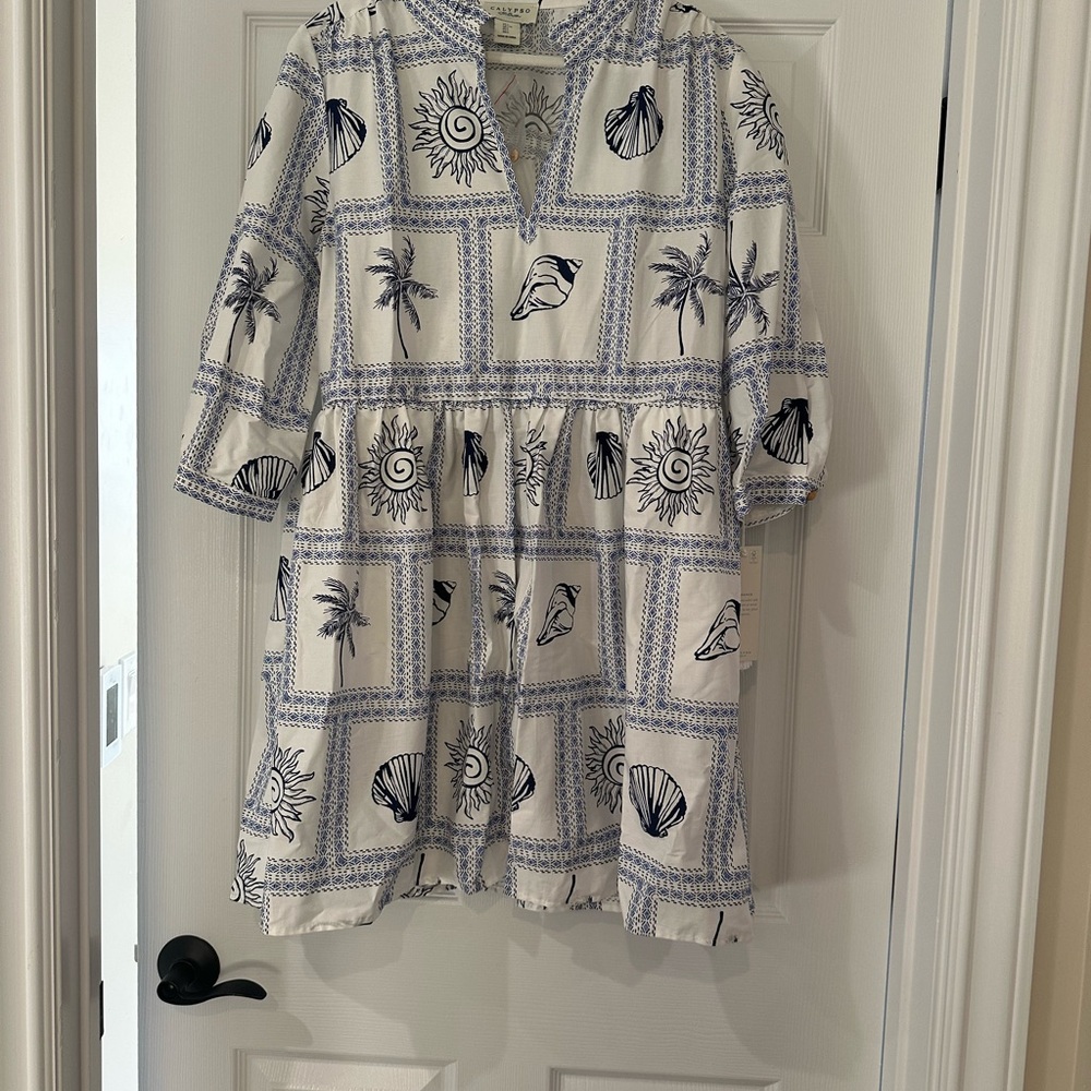Calypso St. Barth Blue and White Tropical Patterned Dress
